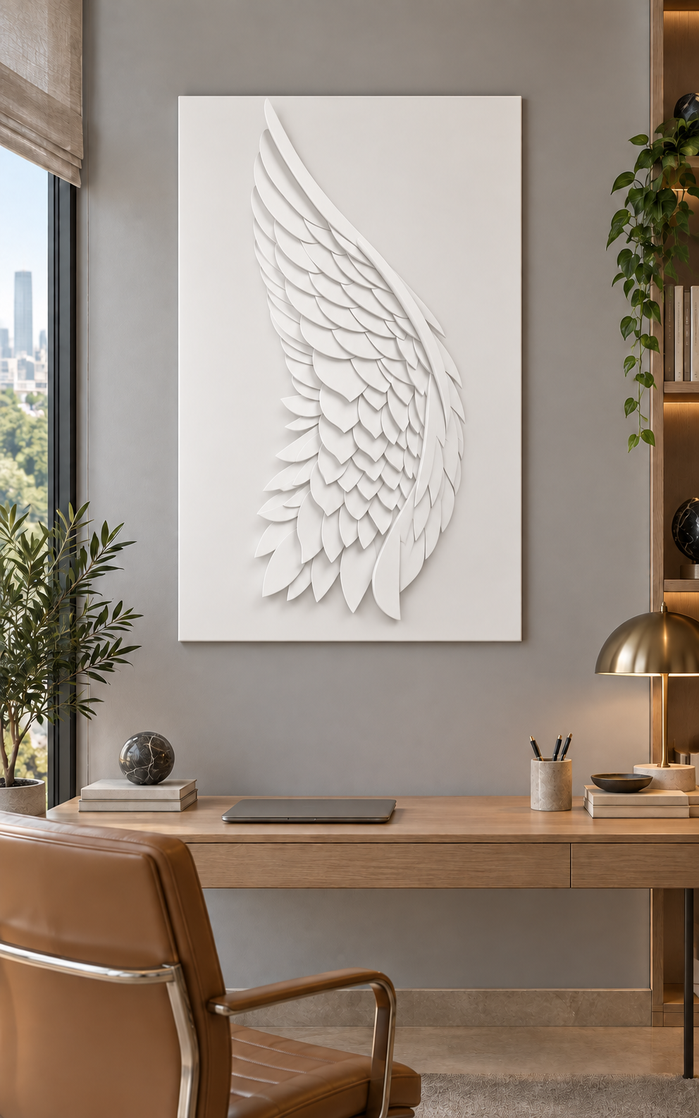 Featherwing Cascade satin white Corian wall panel front view in luxury Mumbai home study with dove grey wall, slim oak desk and tan leather chair