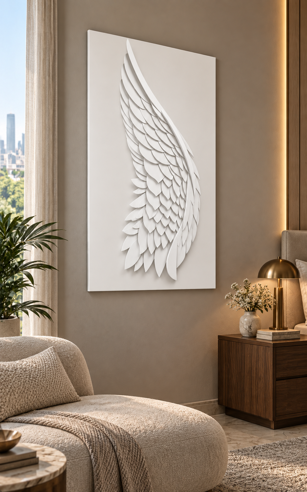 Featherwing Cascade satin white Corian wall panel left view in luxury Mumbai bedroom reading corner with warm mushroom wall, oatmeal chaise and walnut nightstand