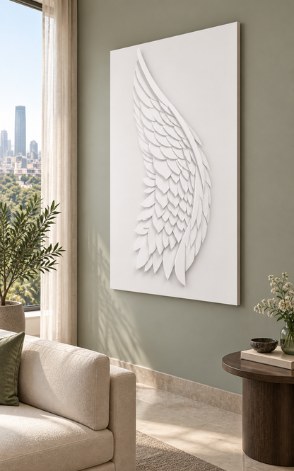 Featherwing Cascade satin white Corian wall panel right view in luxury Mumbai living room with soft sage wall, ivory loveseat and smoked oak side table