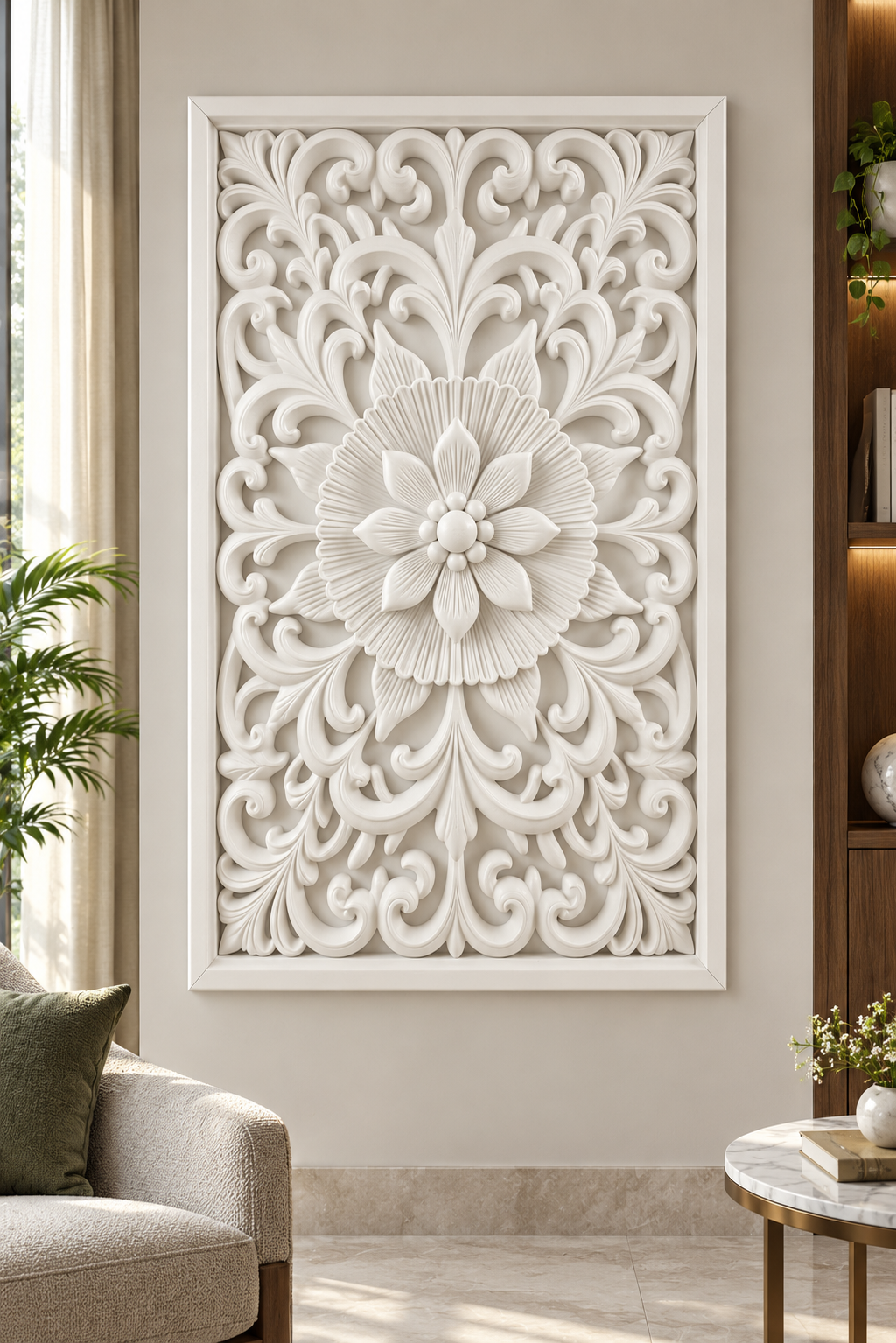 Fine Ray Blossom Halo Corian wall panel, front view on a living room reading corner in a Mumbai home; AI-assisted concept visualisation