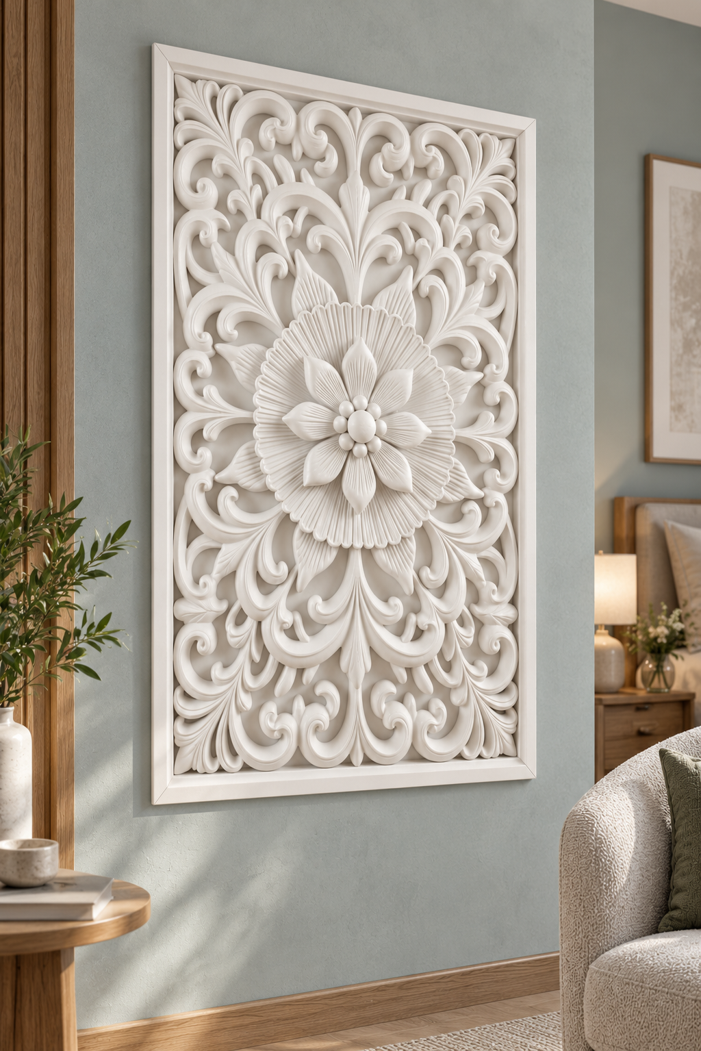 Fine Ray Blossom Halo Corian wall panel, left view on a bedroom sitting area wall in a Mumbai home; AI-assisted concept visualisation
