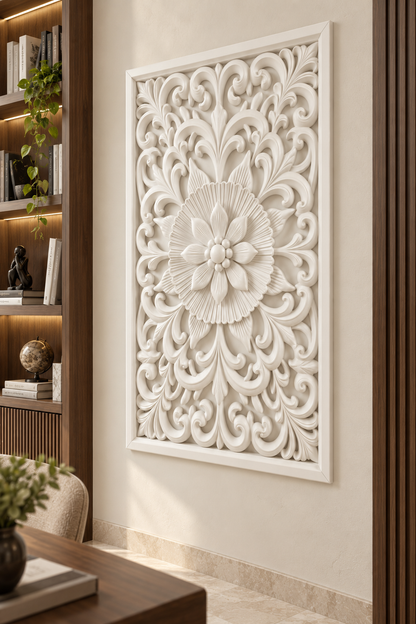 Fine Ray Blossom Halo Corian wall panel, right view on a home library accent wall in a Mumbai home; AI-assisted concept visualisation