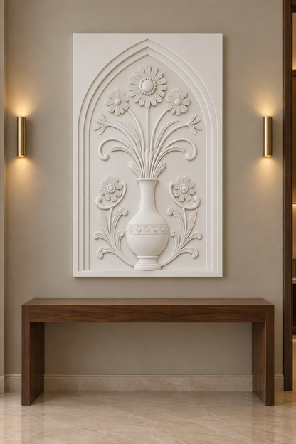 Fine Stem Daisy Spiral Vase Corian wall panel, front view in a refined Mumbai apartment foyer with a walnut console and brass lighting; AI-assisted concept visualisation