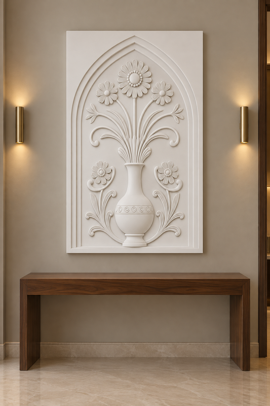 Fine Stem Daisy Spiral Vase Corian wall panel, front view in a refined Mumbai apartment foyer with a walnut console and brass lighting; AI-assisted concept visualisation