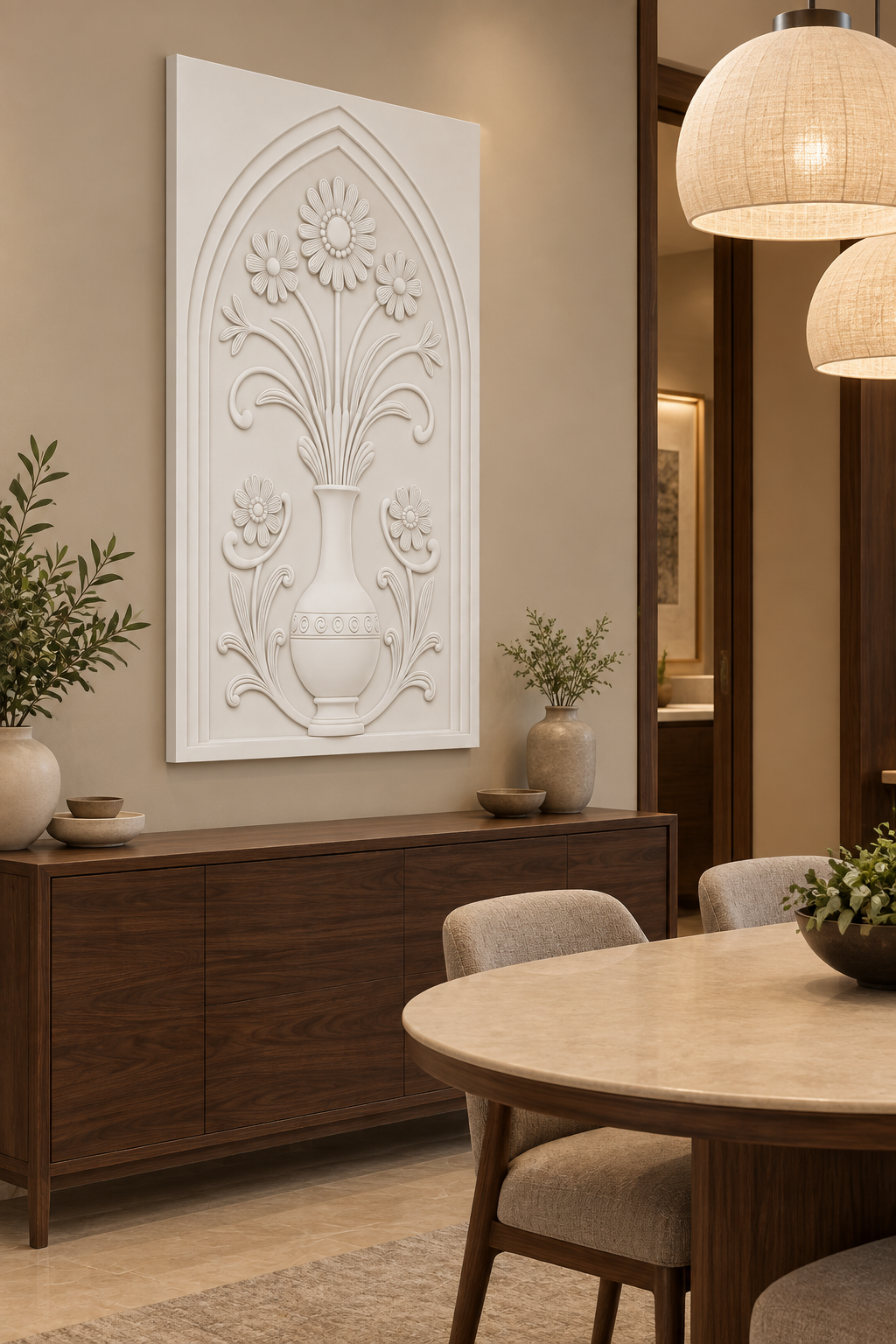 Fine Stem Daisy Spiral Vase Corian wall panel, left view in a Mumbai dining nook with a dark walnut sideboard, oval table and linen pendants; AI-assisted concept visualisation
