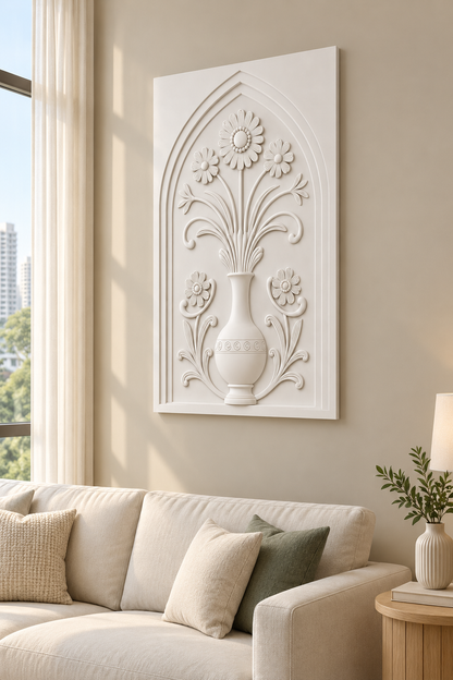 Fine Stem Daisy Spiral Vase Corian wall panel, right view in a Mumbai living room with a low ivory sofa, pale oak side table and soft window light; AI-assisted concept visualisation