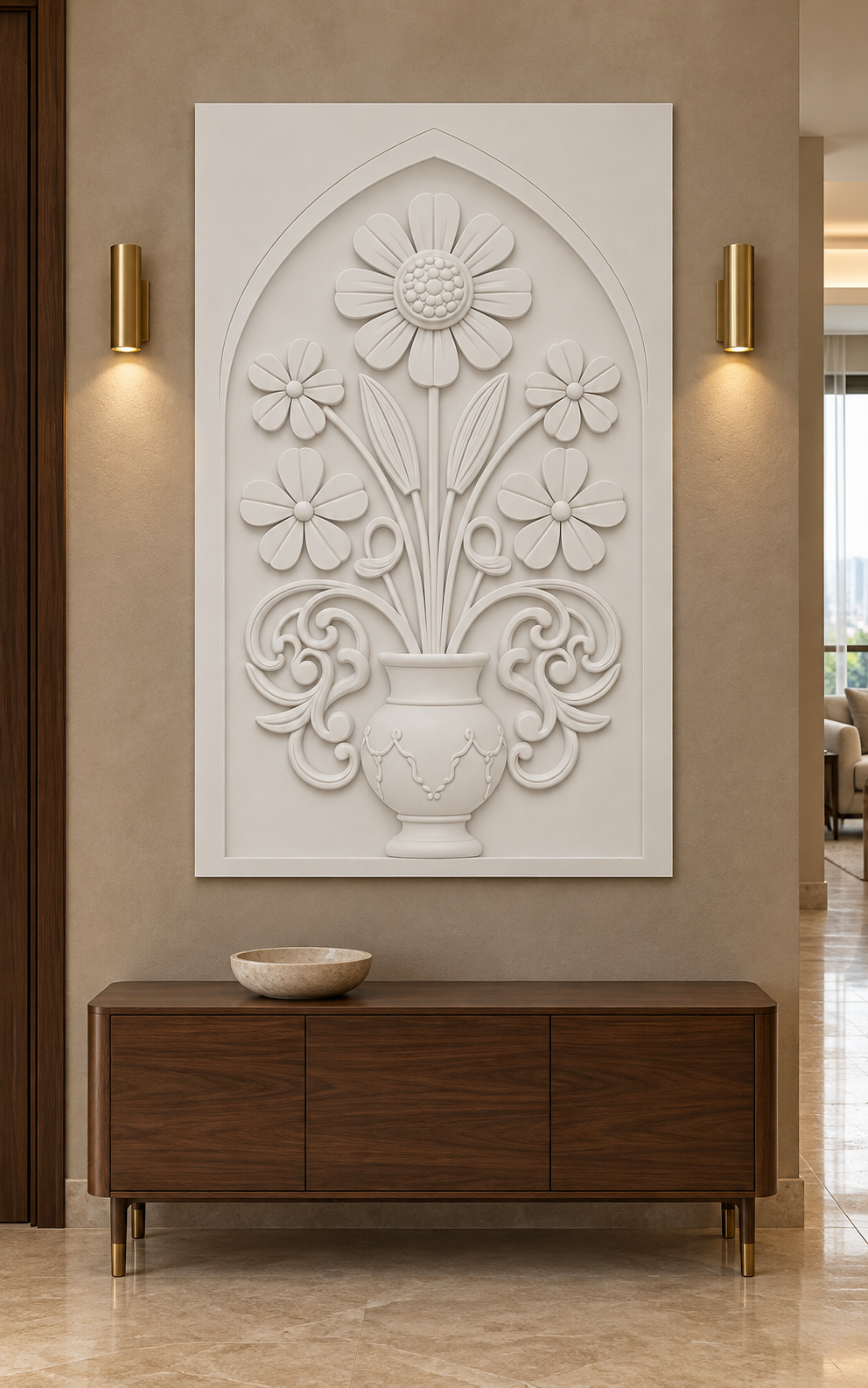 Five Bloom Swag Urn Corian wall panel, front view in a refined Mumbai apartment foyer with a walnut console and brass lighting; AI-assisted concept visualisation