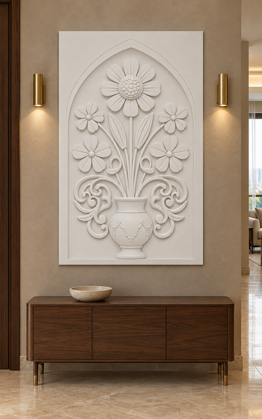 Five Bloom Swag Urn Corian wall panel, front view in a refined Mumbai apartment foyer with a walnut console and brass lighting; AI-assisted concept visualisation