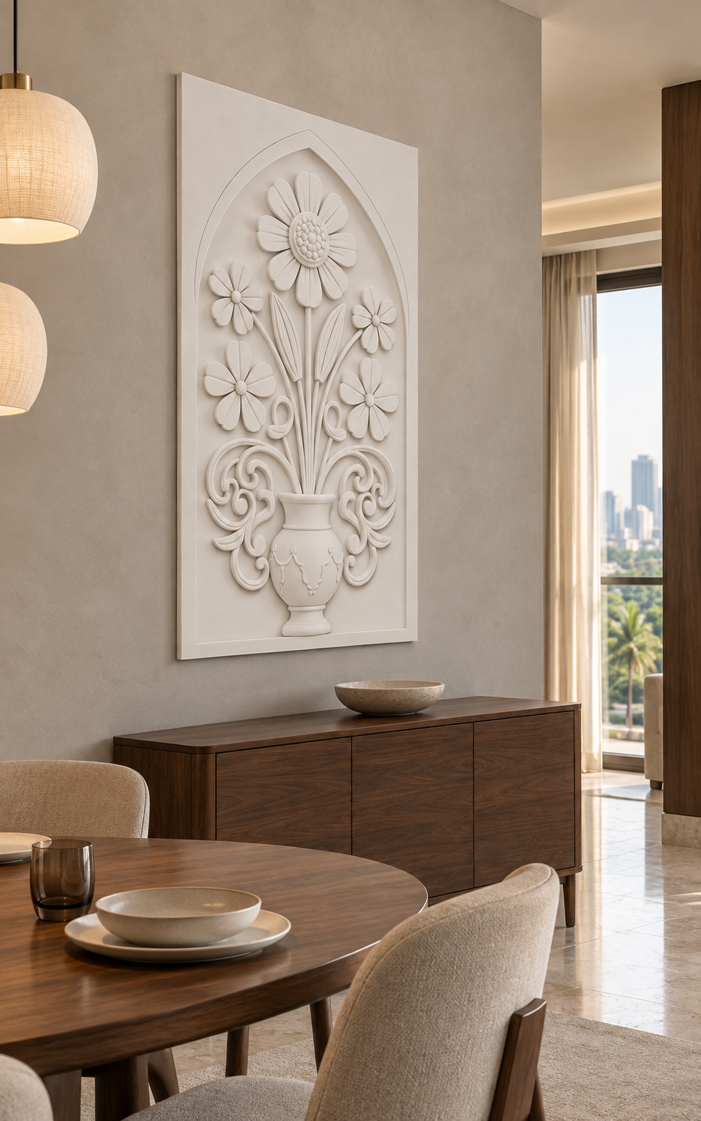 Five Bloom Swag Urn Corian wall panel, left view in a Mumbai dining nook with a dark walnut sideboard, oval table and linen pendants; AI-assisted concept visualisation