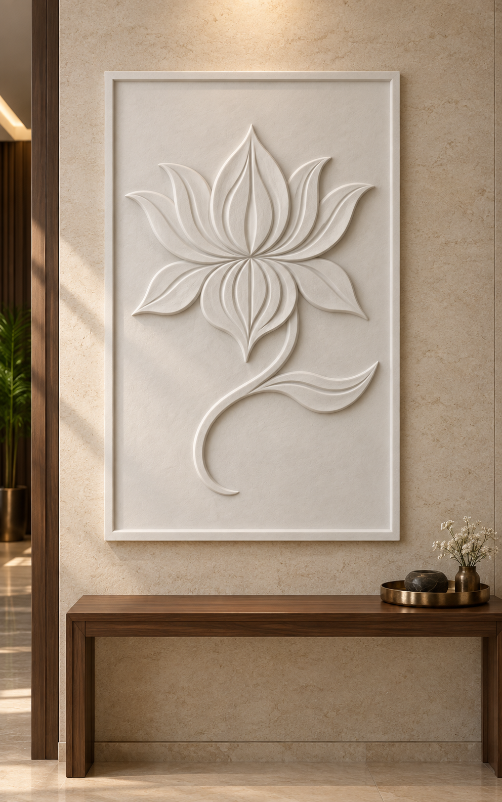 Flame Petal Stem Corian wall panel, front view in a Mumbai entrance foyer; AI-assisted concept visualisation
