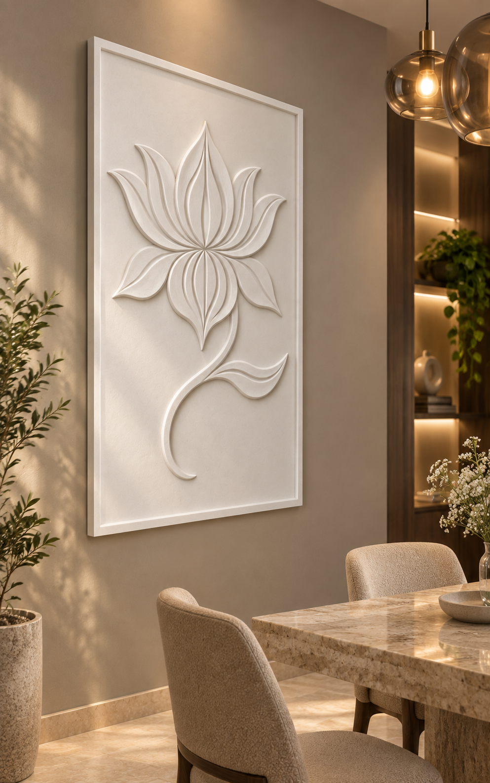 Flame Petal Stem Corian wall panel, left view in a Mumbai dining room accent wall; AI-assisted concept visualisation