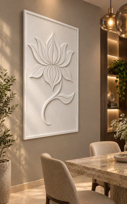 Flame Petal Stem Corian wall panel, left view in a Mumbai dining room accent wall; AI-assisted concept visualisation