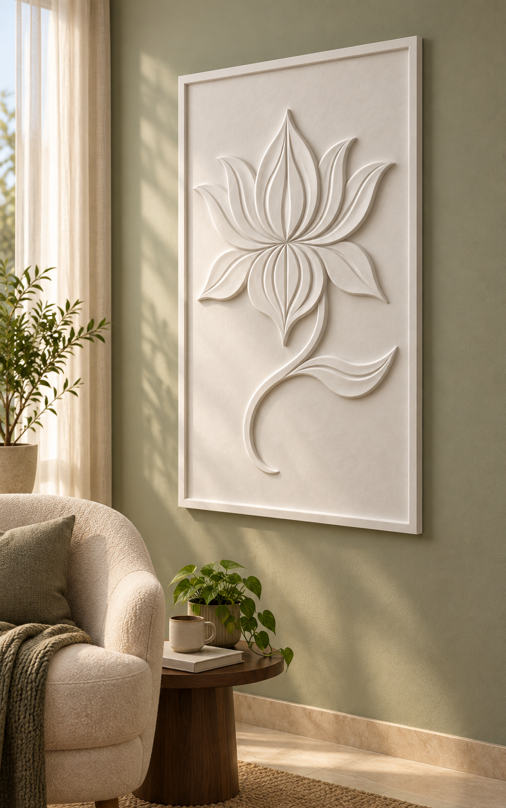 Flame Petal Stem Corian wall panel, right view in a Mumbai bedroom reading corner; AI-assisted concept visualisation