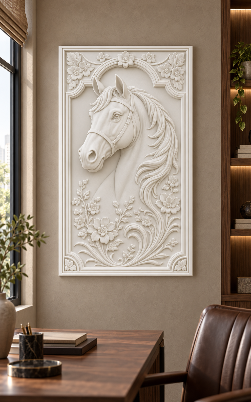 Floral Arch Horse Corian wall panel, 2.5 x 4 ft, front view in a home study