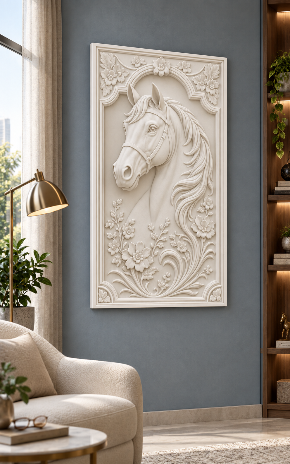 Floral Arch Horse Corian wall panel, 2.5 x 4 ft, left view in a reading lounge