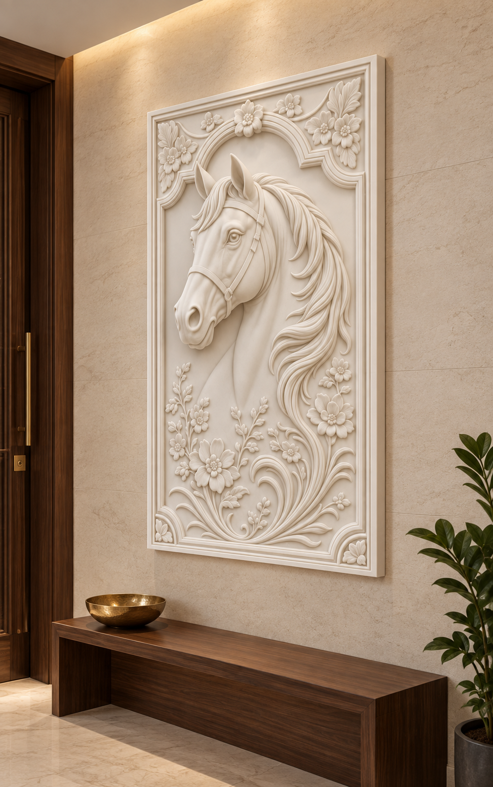 Floral Arch Horse Corian wall panel, 2.5 x 4 ft, right view in an entrance foyer