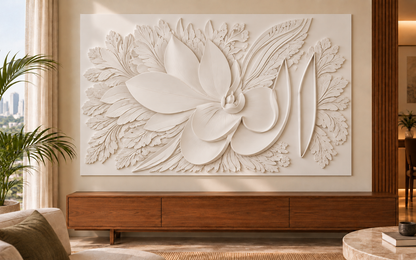 CWP-656 Floral Calligraphy Corian Wall Panel, 4 ft wide x 2.5 ft high, front view in a Mumbai living room; AI-assisted concept visualisation