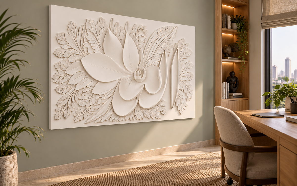 CWP-656 Floral Calligraphy Corian Wall Panel, 4 ft wide x 2.5 ft high, left view in a Mumbai home study; AI-assisted concept visualisation