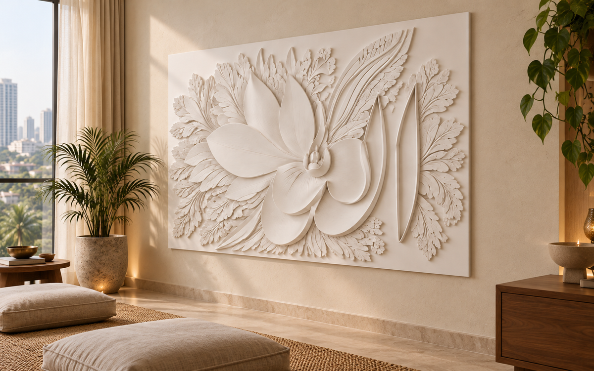 CWP-656 Floral Calligraphy Corian Wall Panel, 4 ft wide x 2.5 ft high, right view in a Mumbai meditation room; AI-assisted concept visualisation