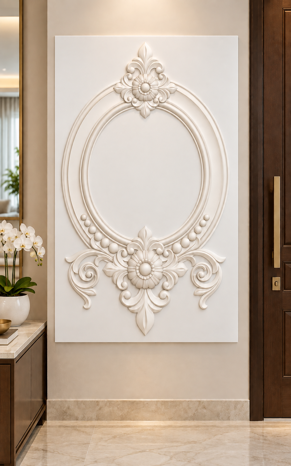 Floral Crest Oval Cartouche Corian wall panel, front view in a Juhu apartment entrance foyer