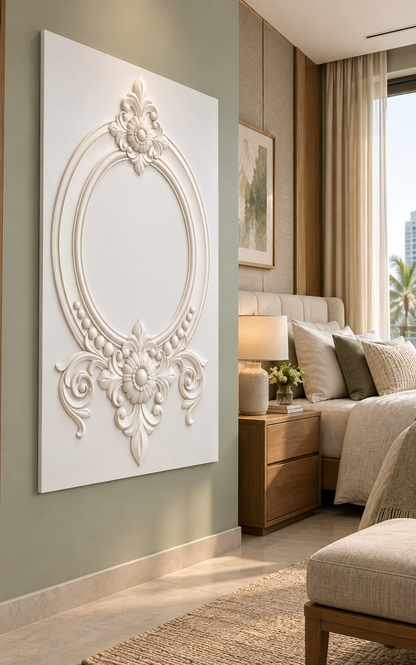 Floral Crest Oval Cartouche Corian wall panel, left view in a Bandra apartment bedroom