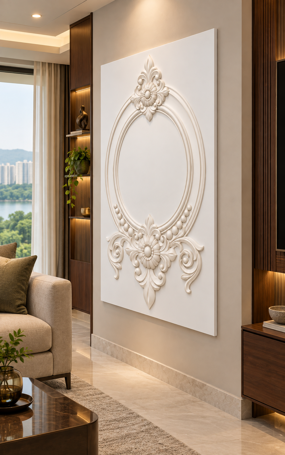 Floral Crest Oval Cartouche Corian wall panel, right view in a Powai apartment living room