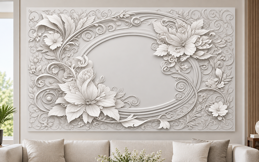 Floral Scroll Frame Corian Wall Panel CWP-618, front view in a Mumbai home setting; AI-assisted concept