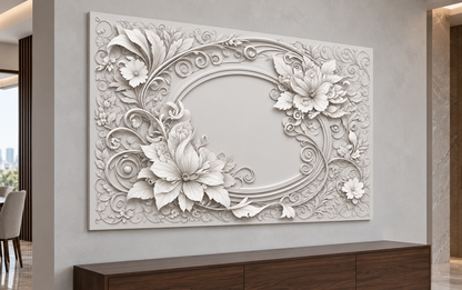 Floral Scroll Frame Corian Wall Panel CWP-618, left view in a Mumbai home setting; AI-assisted concept