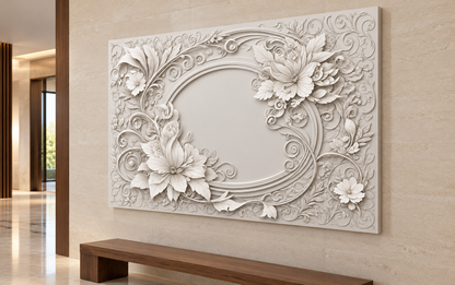 Floral Scroll Frame Corian Wall Panel CWP-618, right view in a Mumbai home setting; AI-assisted concept