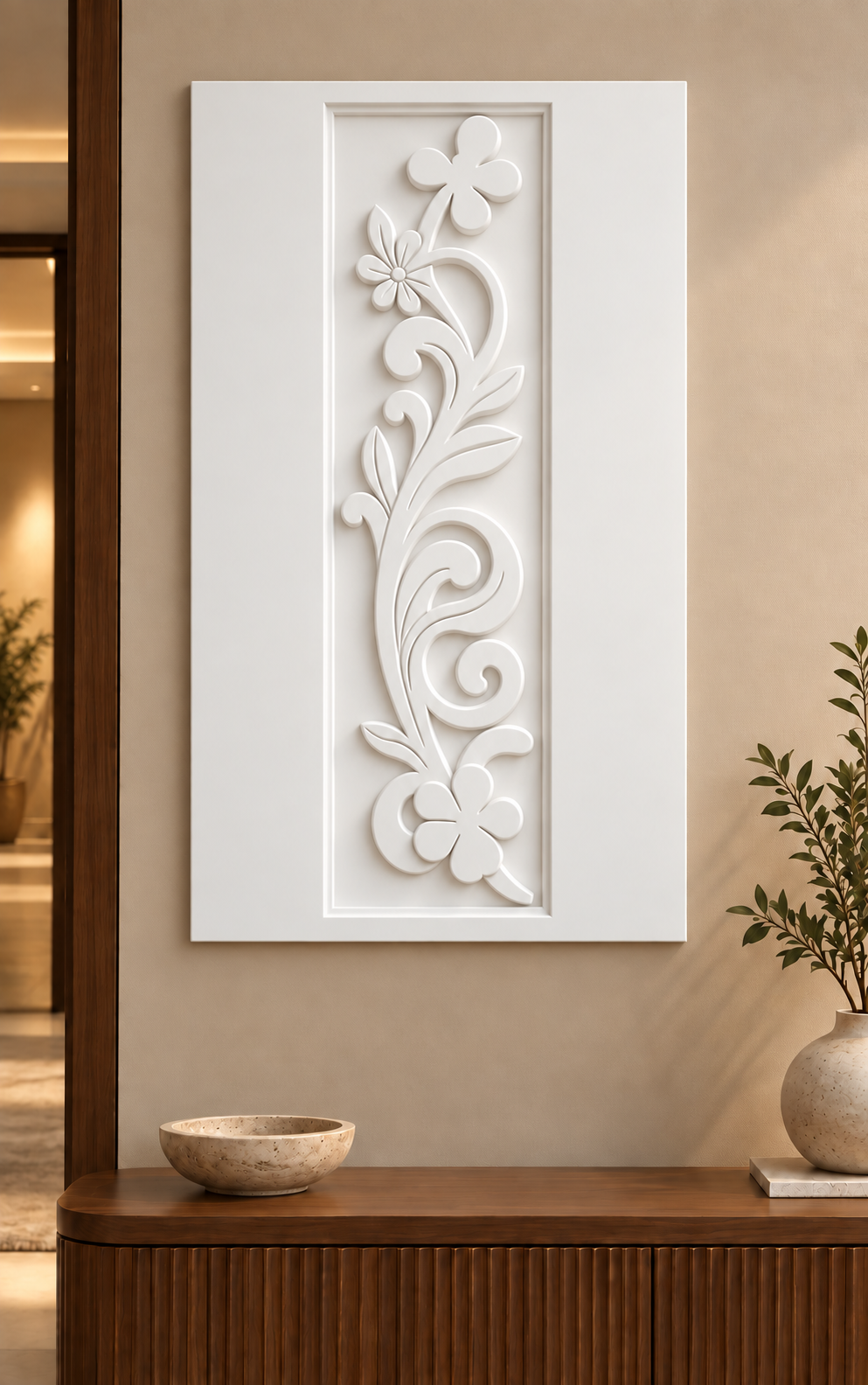 Floral Scroll Trail Corian wall panel, front view in a Mumbai entry foyer, showing its satin white shallow relief.