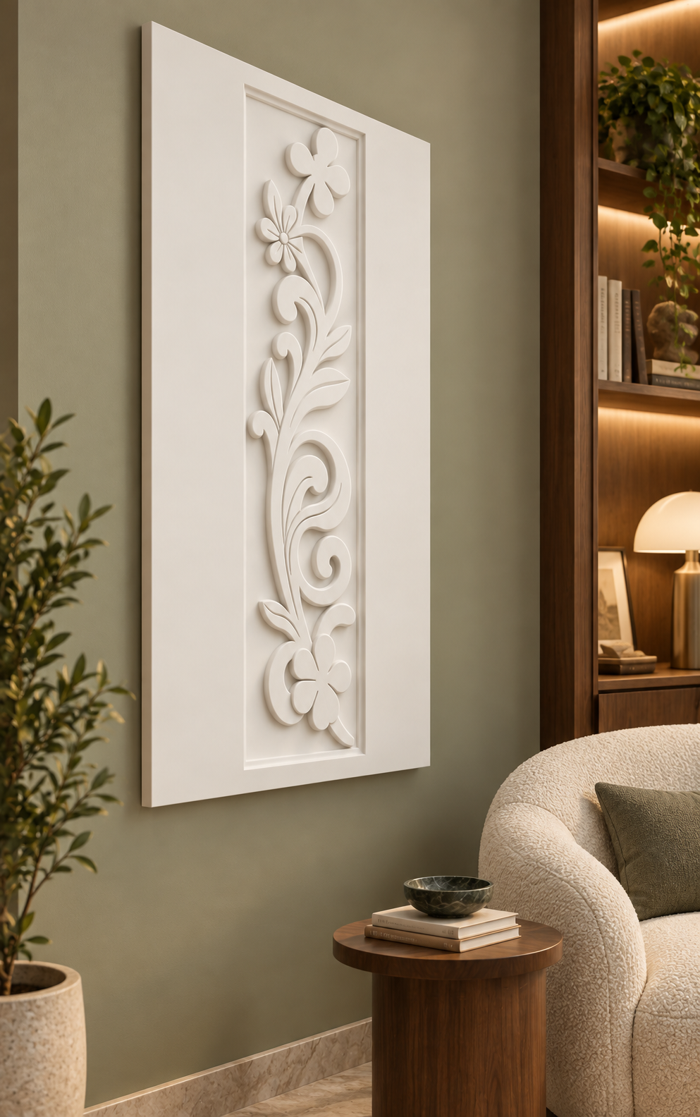 Floral Scroll Trail Corian wall panel, left view in a Mumbai living-room reading corner, showing its satin white shallow relief.