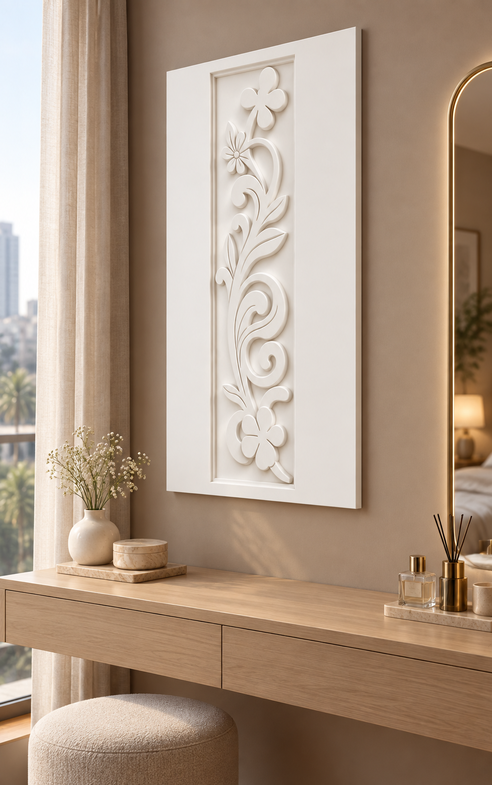 Floral Scroll Trail Corian wall panel, right view in a Mumbai bedroom dressing alcove, showing its satin white shallow relief.