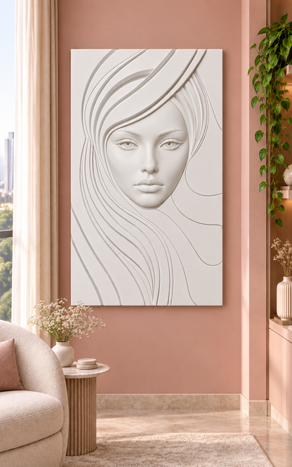 Flowing Hair Portrait Corian wall panel front view in dusty-rose Mumbai bedroom sitting area with a cream chair