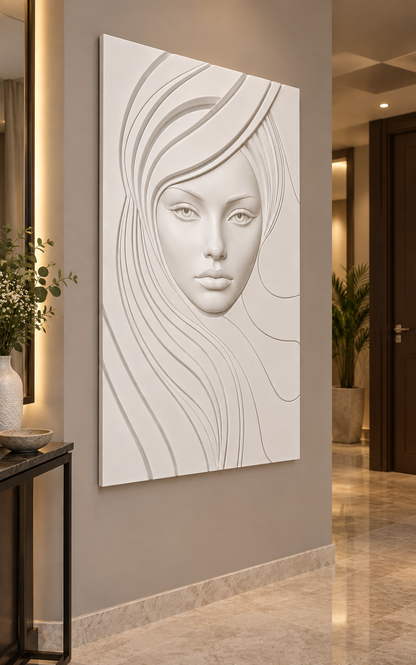 Flowing Hair Portrait Corian wall panel left view in warm-grey Mumbai entrance passage with a slim black console