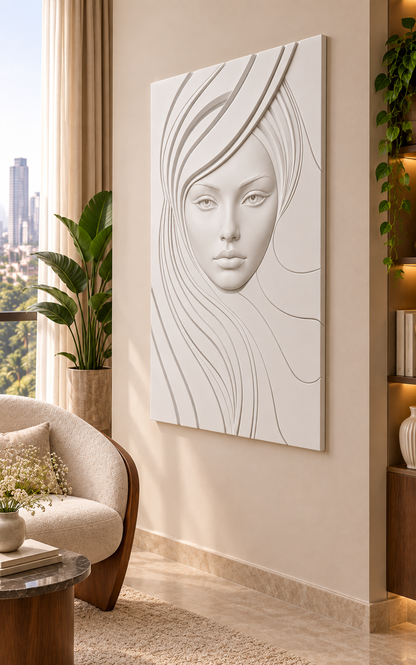 Flowing Hair Portrait Corian wall panel right view in ivory Mumbai reading nook with a cream armchair and walnut side table