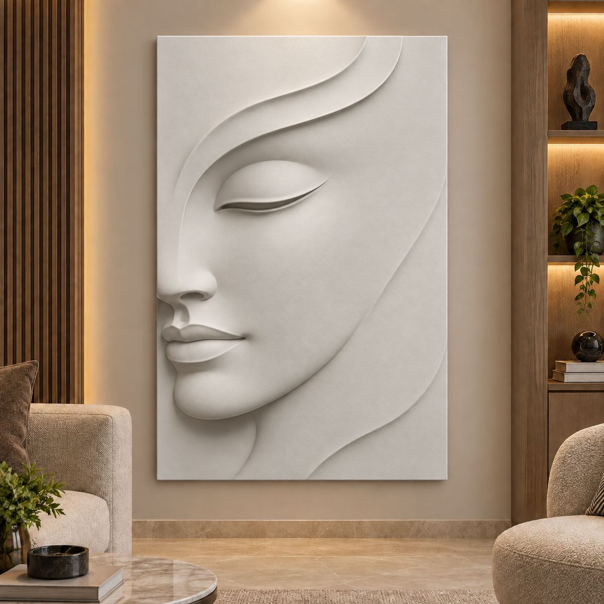 Flowing Veil Half Face Corian Wall Panel CWP-440, front view in a luxury Mumbai private lounge; white Corian relief concept visualisation