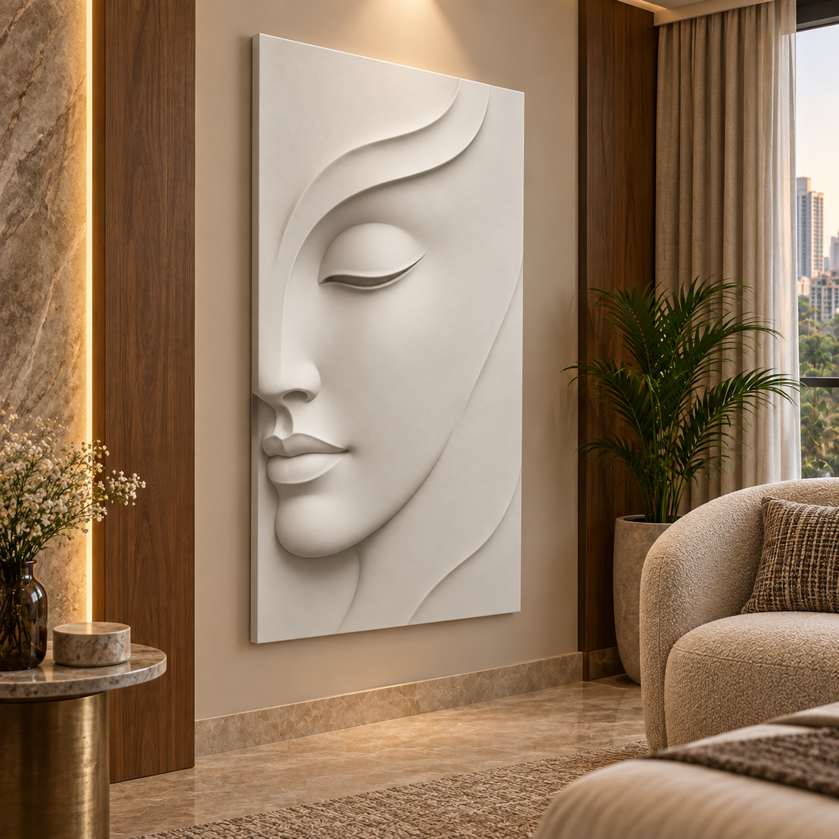 Flowing Veil Half Face Corian Wall Panel CWP-440, left view in a luxury Mumbai bedroom sitting nook; white Corian relief concept visualisation