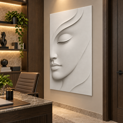 Flowing Veil Half Face Corian Wall Panel CWP-440, right view in a luxury Mumbai home study; white Corian relief concept visualisation