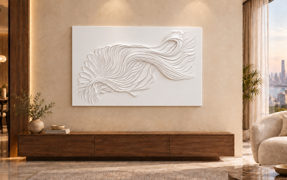 Fluid Layered Current Corian Wall Panel CWP-436, front view in a luxury Mumbai living room console wall; white Corian relief concept visualisation
