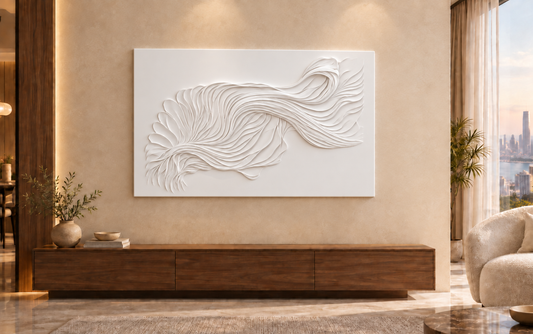 Fluid Layered Current Corian Wall Panel CWP-436, front view in a luxury Mumbai living room console wall; white Corian relief concept visualisation