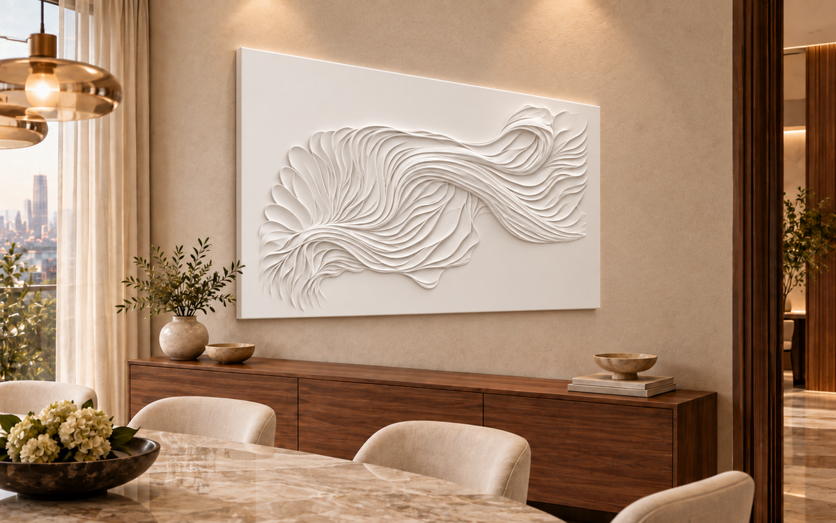 Fluid Layered Current Corian Wall Panel CWP-436, left view in a luxury Mumbai dining lounge; white Corian relief concept visualisation