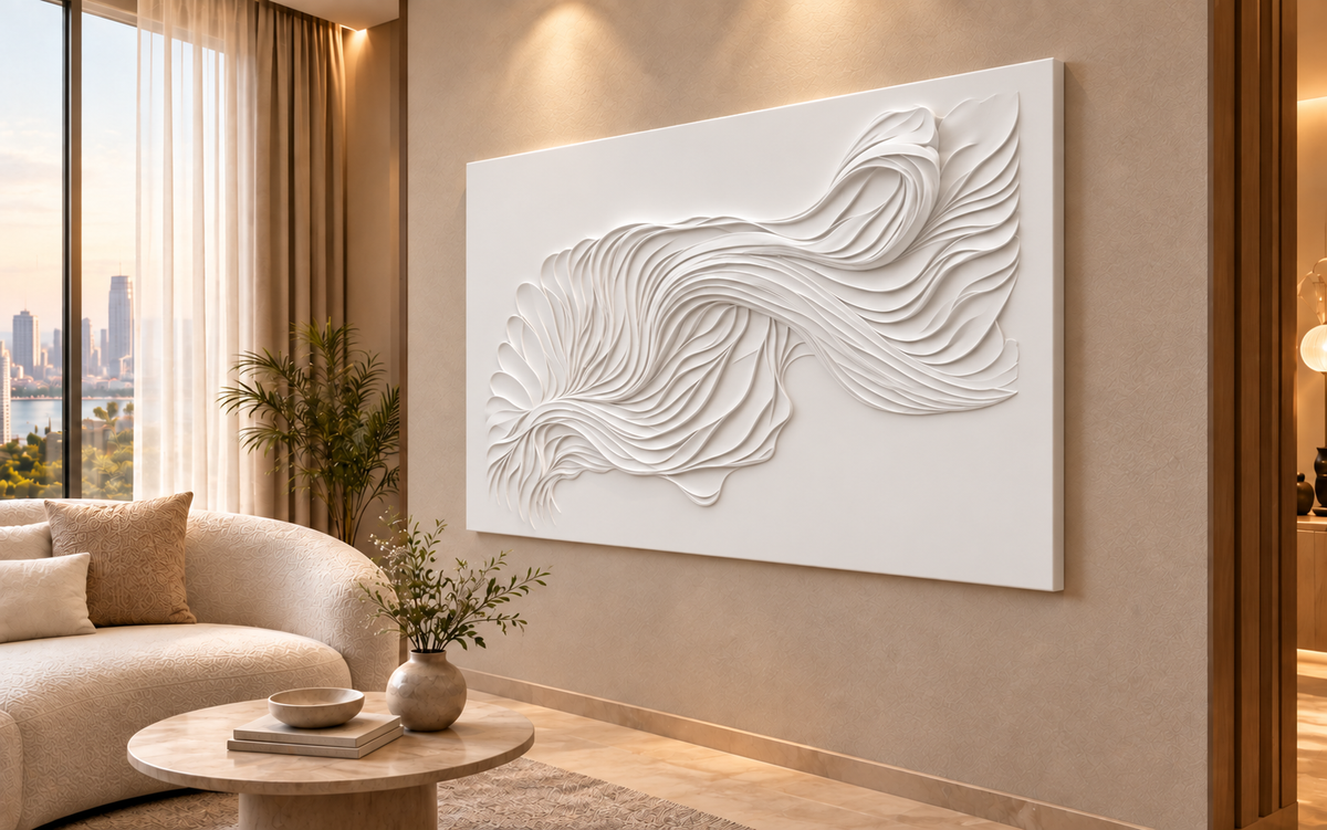 Fluid Layered Current Corian Wall Panel CWP-436, right view in a luxury Mumbai bedroom seating nook; white Corian relief concept visualisation