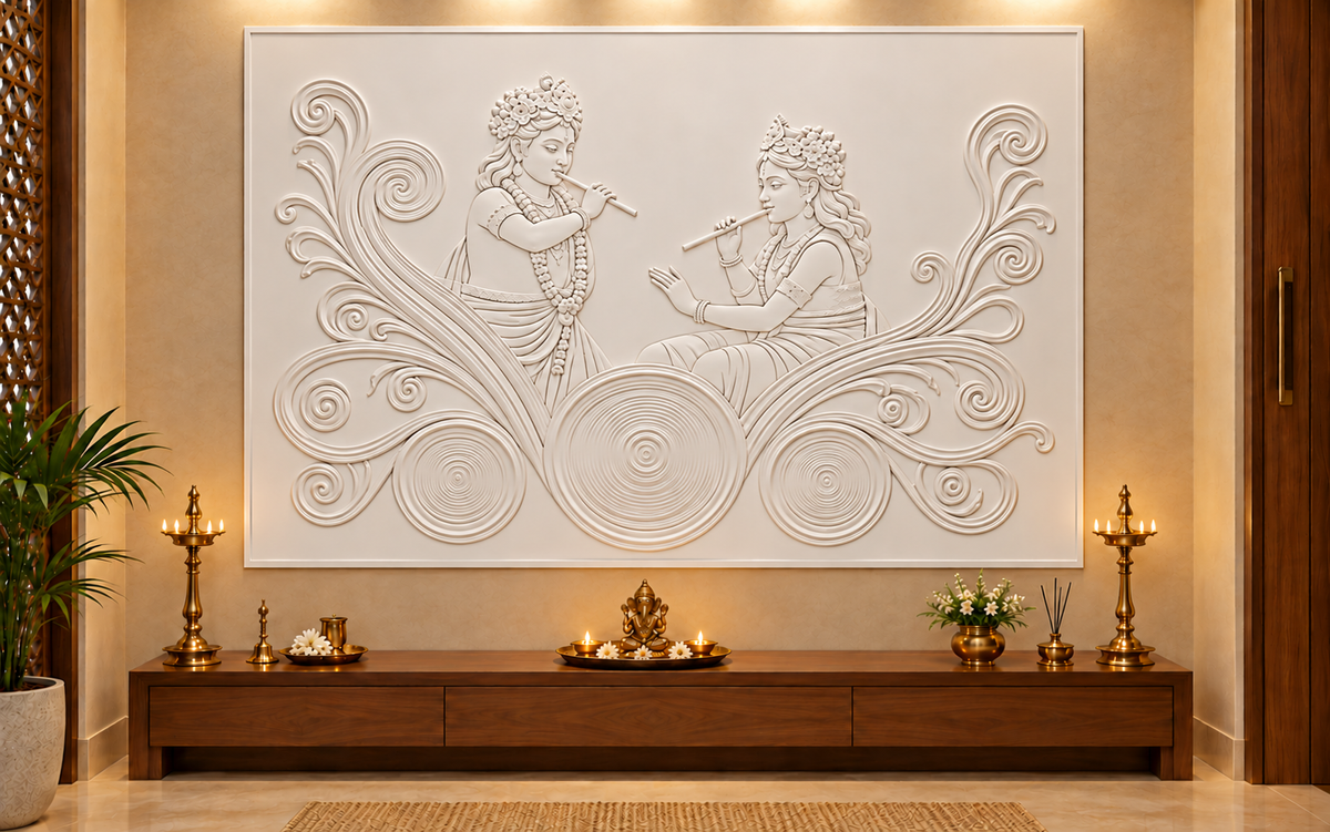 CWP-662 Flute Duet Ripple Scroll Corian Wall Panel, 4 ft wide x 2.5 ft high, front view in a Mumbai pooja alcove; AI-assisted concept visualisation