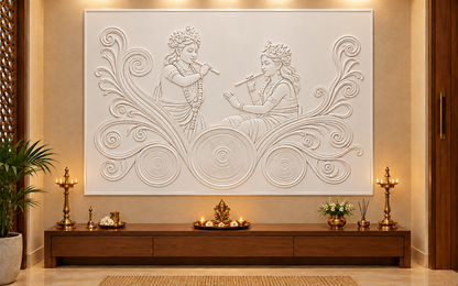 CWP-662 Flute Duet Ripple Scroll Corian Wall Panel, 4 ft wide x 2.5 ft high, front view in a Mumbai pooja alcove; AI-assisted concept visualisation