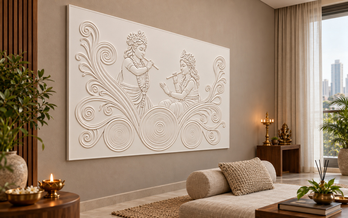 CWP-662 Flute Duet Ripple Scroll Corian Wall Panel, 4 ft wide x 2.5 ft high, left view in a Mumbai meditation room; AI-assisted concept visualisation