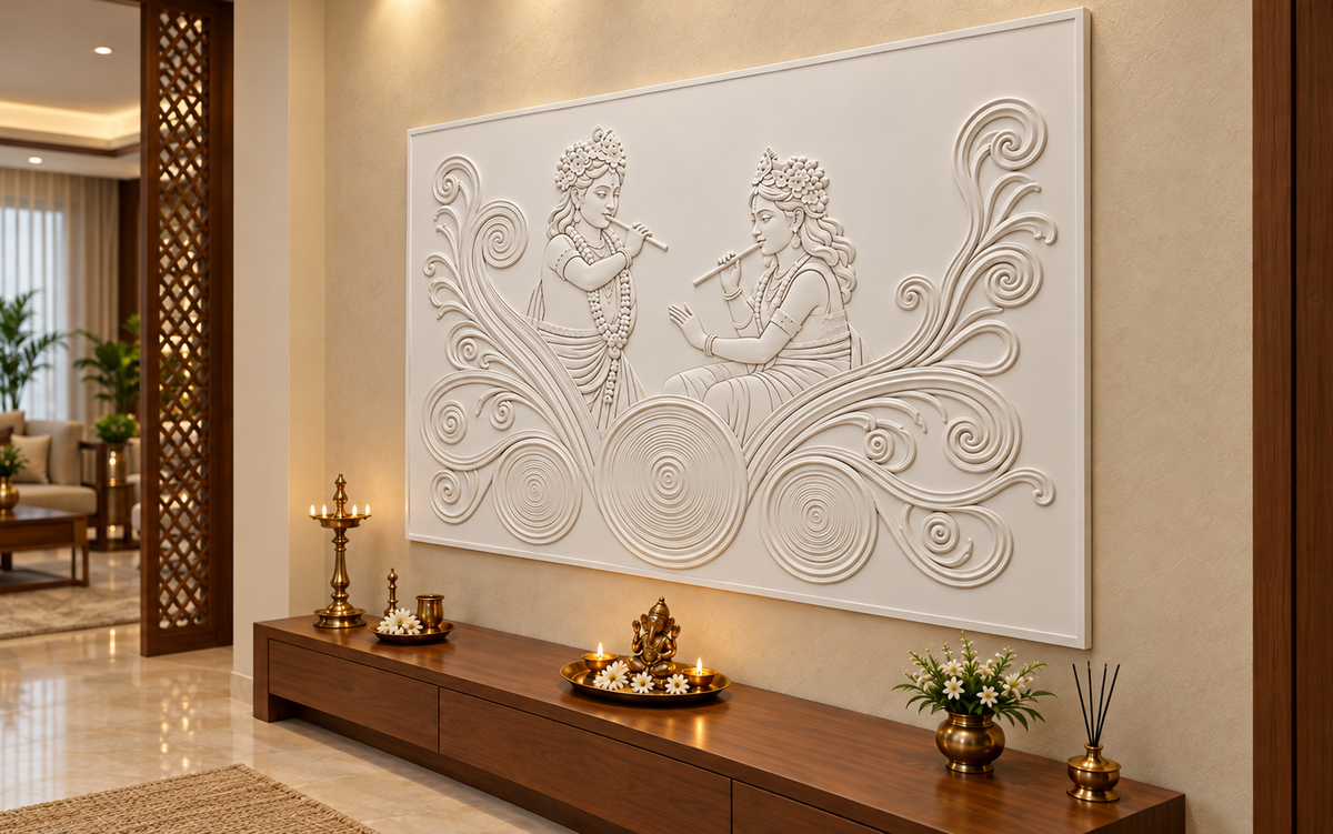 CWP-662 Flute Duet Ripple Scroll Corian Wall Panel, 4 ft wide x 2.5 ft high, right view in a Mumbai living room prayer niche; AI-assisted concept visualisation