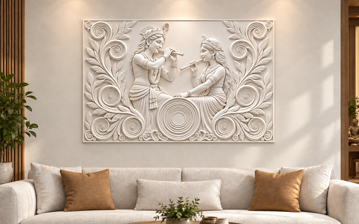 Flute Duet Spiral Garden Corian wall panel, front view in a Mumbai family living room feature wall; AI-assisted concept visualisation
