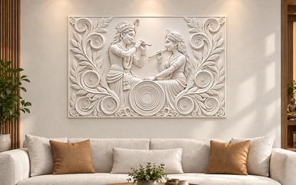 Flute Duet Spiral Garden Corian wall panel, front view in a Mumbai family living room feature wall; AI-assisted concept visualisation