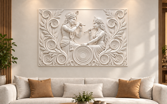 Flute Duet Spiral Garden Corian wall panel, front view in a Mumbai family living room feature wall; AI-assisted concept visualisation