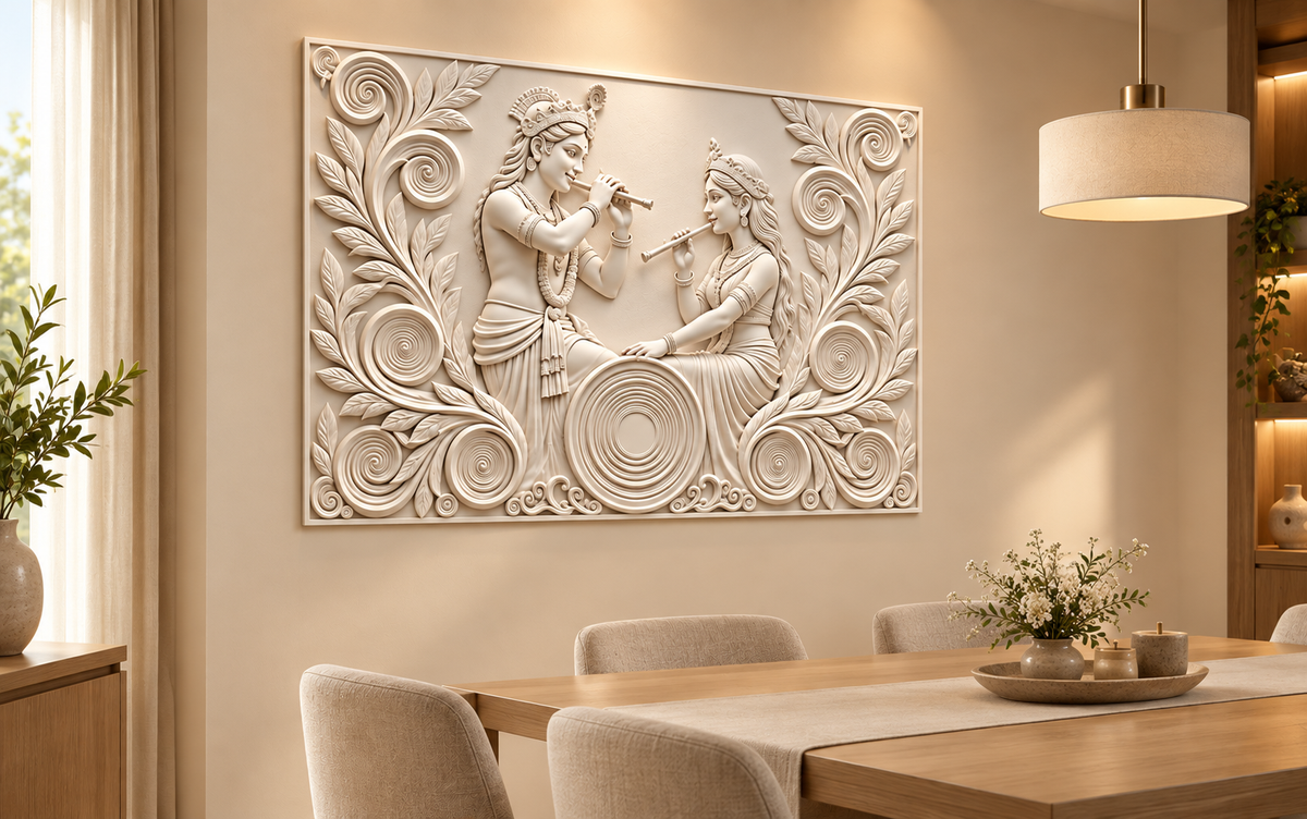 Flute Duet Spiral Garden Corian wall panel, left view in a Mumbai dining room display wall; AI-assisted concept visualisation